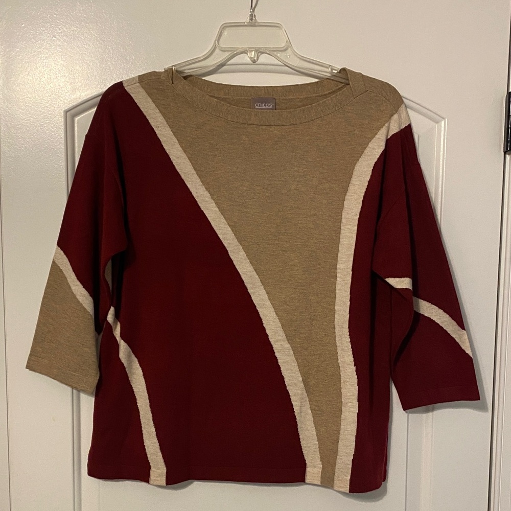 Chico's Red and Tan Boatneck Sweater